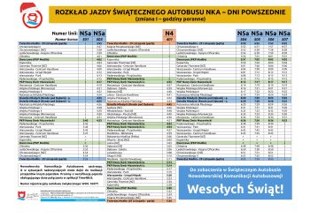 Rozkład jazdy świątecznego autobusu NKA w dni powszednie - godziny poranne