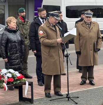 uroczystość pod pomnikiem, przemówienia, składanie kwiatów, poczty sztandarowe ze szkół