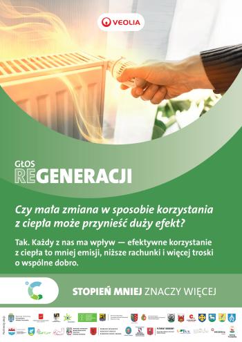 plakat promujący kampanię, ręka trzymająca kurek od kaloryfera, poniżej logotypy