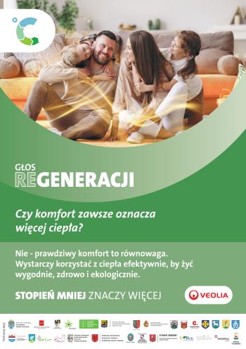 plakat promujący kampanię, młoda rodzina uśmiechająca się do siebie siedzi na podłodze,