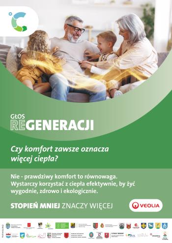 plakat promujący kampanię, dziadkowie z dwójką dzieci, uśmiechają się, siedzą na kanapie