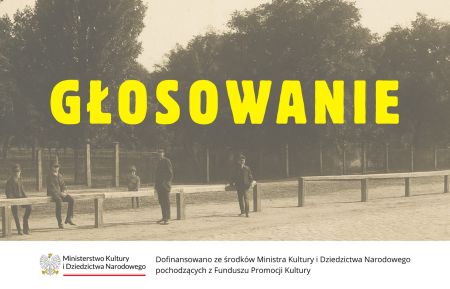 żółty napis głosowanie, w tle stare zdjęcie, poniżej logotyp