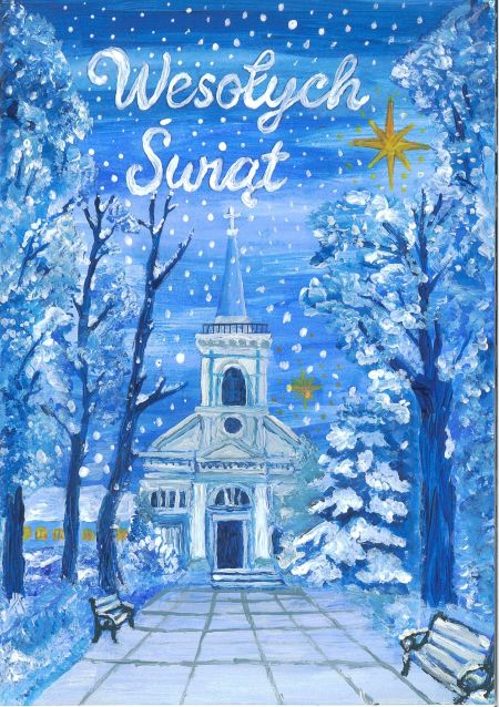 kościół namalowany farbami, park, wszędzie biały śnieg