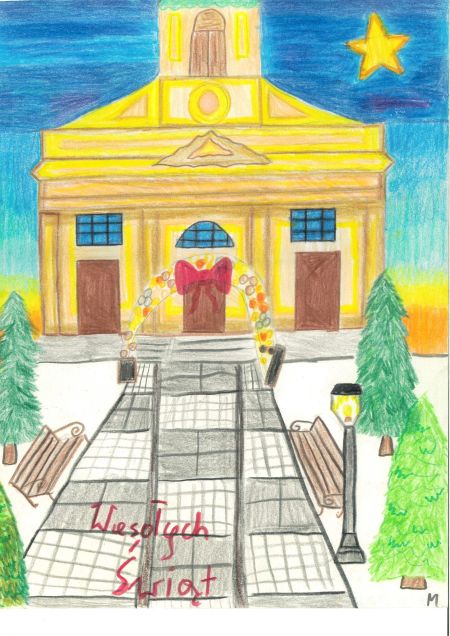 kościół namalowany kredkami, park,