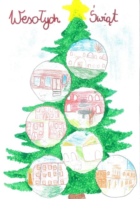 choinka namalowana kredkami, na drzewku duże bombki