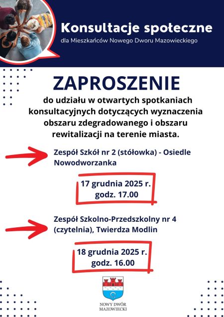 plakat konsultacje społeczne w Modlinie Twierdzy, graficzna forma informacji