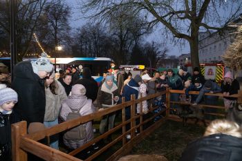 udekorowany skwer, scena, występy, osoby biorące udział w spotkaniu, poczęstunek, karuzela, żywa szopka