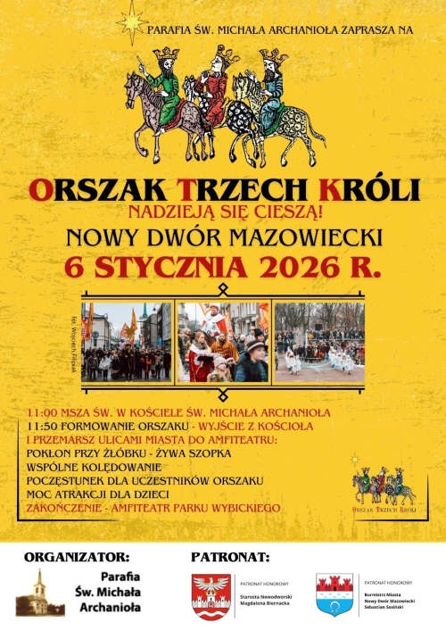Graficzna informacja treści, trzech mężczyzn w koronach na koniach, uczestnicy marszu, w stopce logotypy.