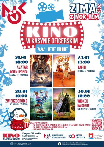 oferta filmów w kinie w kasynie oficerskim, zimowy plakat z bałwankiem