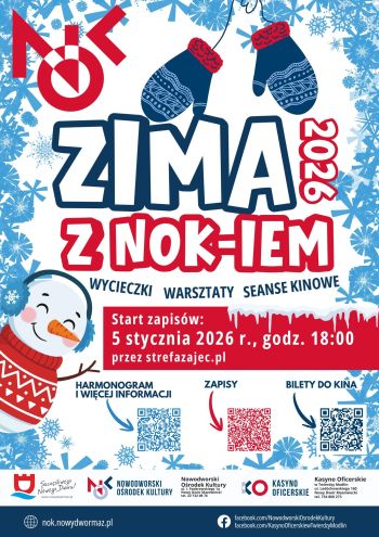 zaproszenie na warsztaty zima z nokiem, zimowy plakat z bałwankiem
