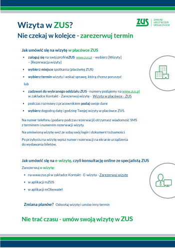 informacja w formie graficznej, rezerwacja wizyty w ZUS nie stój w kolejce