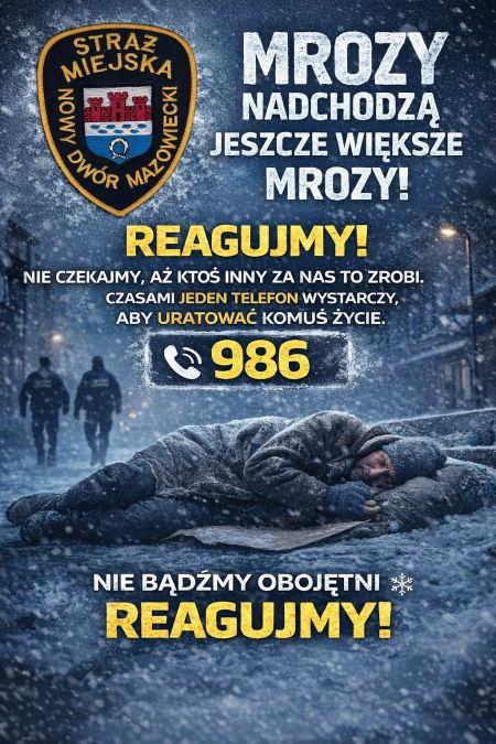 grafika informacji, na plakacie leżąca osoba, śnieg, mróz