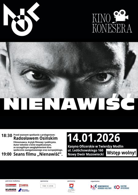 czarno-biały plakat promujący film Nienawiść, oczy patrzące wprost