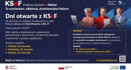 Plakat informuje o dniach otwartych w Urzędach Skarbowych, graficzna prezentacja informacji
