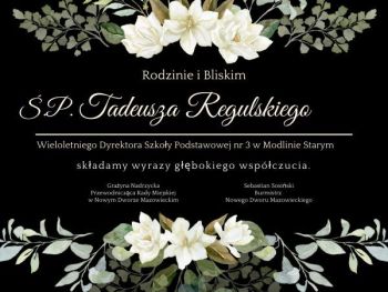 białe kwiaty na górze i na gole grafiki, pośrodku treść kondolencji