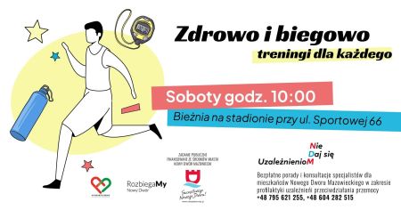 biegająca postać, napisy obok, poniżej logotypy