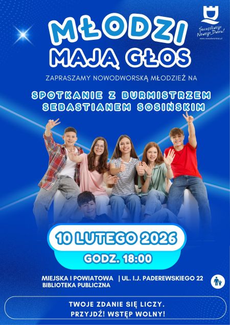 grupa młodych ludzi, na górze treść i logo miasta, na dole informacja o miejsku i dacie