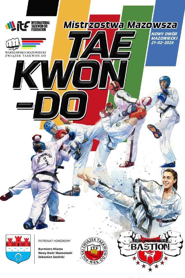 graficzna informacja treści, sportowcy w strojach do taekwondo, w stopce logotypy