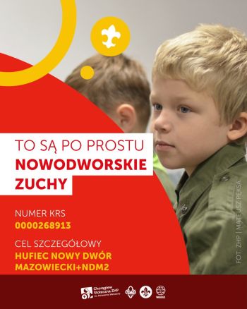 zdjęcie chłopca o blond włosach, napis to są po prostu nowodworskie zuchy