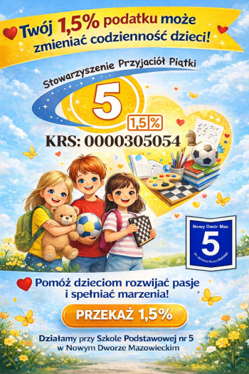 kolorowy plakat , na pierwszym planie postaci namalowanych uśmiechniętych dzieci, napisy o przekazaniu podatku