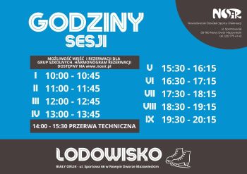 harmonogram otwarcia lodowiska, godziny sesji, logotyp NOSIR