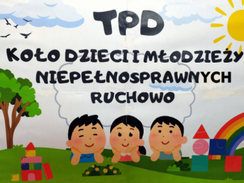 rysunek, w centralnej części postaci trójki dzieci, w tle tęcza, drzewo, słońce,