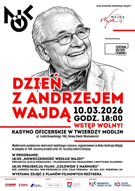 rysunek starszego mężczyzny w okularach, uśmiecha się, poniżej plakatu informacja o spotkaniu i logotypy