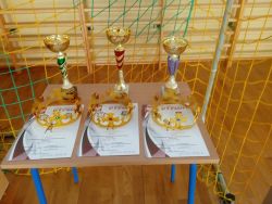 Trzy puchary, trzy korony i trzy dyplomy na stoliku.