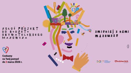 plakat promujący wydarzenie, wersja graficzna informacji o BOM, różowe tło pośrodku abstrakcja