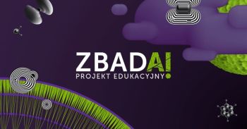 grafika projektu, fioletowo zielone tło, pośrodku napis Zbadai