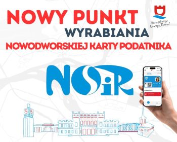 informacja graficzna o nowym punkcie wyrabiania karty, poniżej rysy budynków miasta