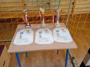 Puchary, medale i dyplomy na stoliku.