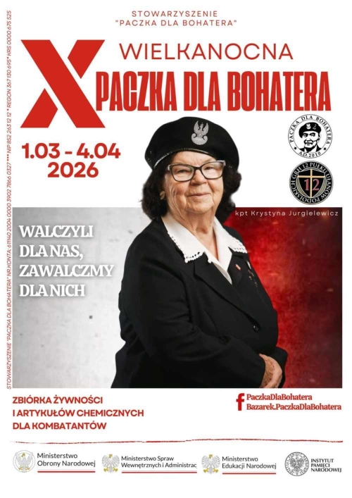 Graficzna informacja treści, starsza kobieta w okularach, w żakiecie i w bercie z orzełkiem, z boku i stopce logotypy.