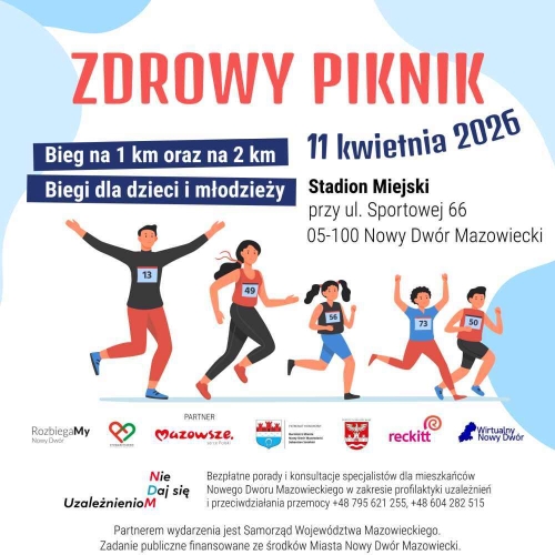 Biegające postacie, na dole logotypy i graficzne informacje.