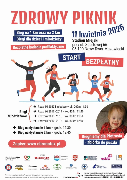 Biegające postacie, poniżej dziecko, na dole logotypy i graficzne informacje.