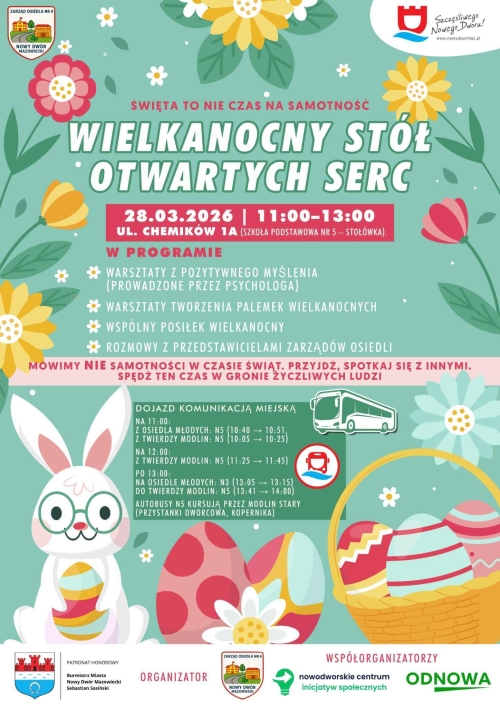 Graficzna informacja treści, kwiaty, zajączek wielkanocny i pisanki, na górze i dole logotypy.