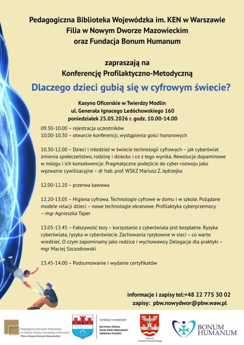 Graficzna informacja treści, siedzący chłopiec trzyma za rękę lecącego chłopca, w stopce logotypy.