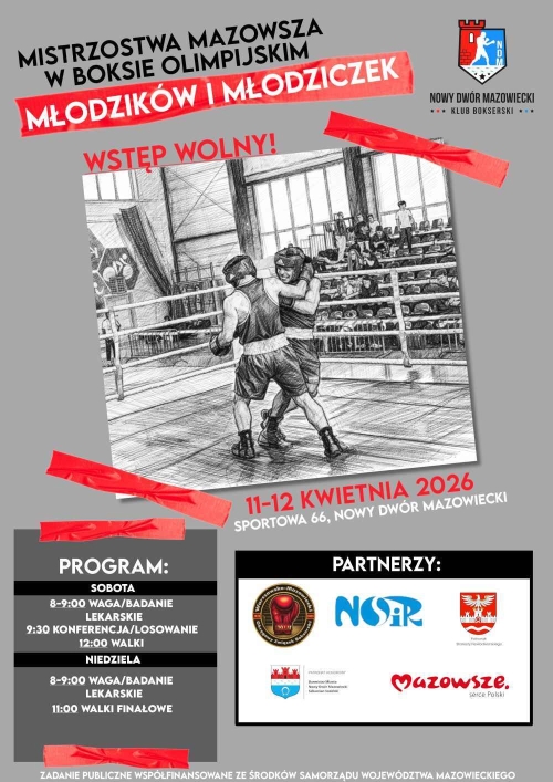 Graficzna informacja treści, w centralnej części dwóch pięściarzy na ringu, na dole logotypy.