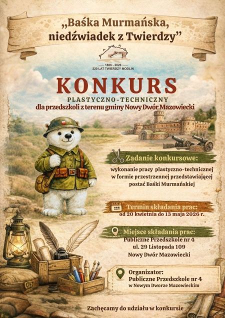 beżowe tło, rysunek niedźwiadka, napisy