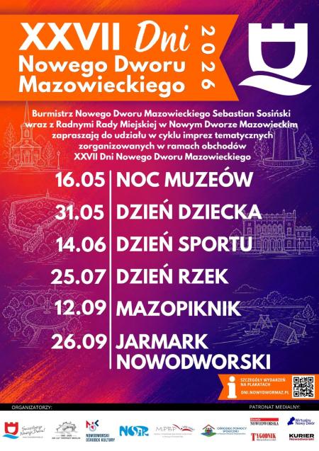 plakat promujący wydarzenie, białe napisy, szkice budynków w tle, u góry duży napis dni Nowego Dworu