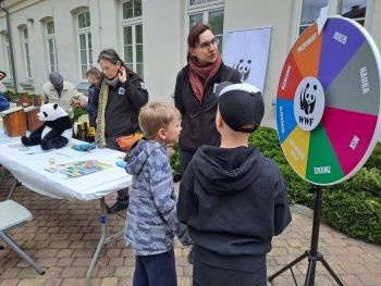 dziedziniec NOK, stoiska z sadzonkami, warsztatami, punkt odbioru elektrośmieci, licznie przybyli mieszkańcy