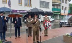 okolice pomnika marszała, sztandary ze szkół, zebrani goście, przemówienia, składanie kwiatów i wspólne zdjęcie
