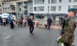 okolice pomnika marszała, sztandary ze szkół, zebrani goście, przemówienia, składanie kwiatów i wspólne zdjęcie