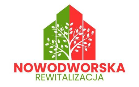 czerwono-zielone panele na nich białe drzewo z liśćmi poniżej napis nowodworska rewitalizacja
