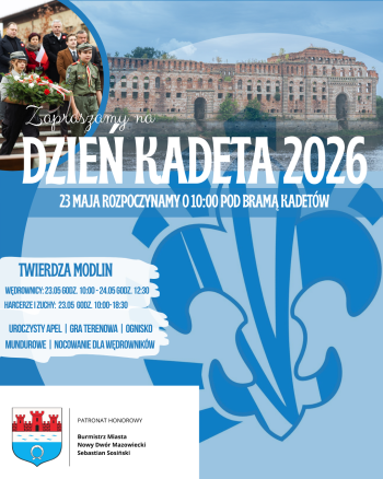 niebieskie tło, zdjęcie spichlerza w Twierdzy Modlin, napisy