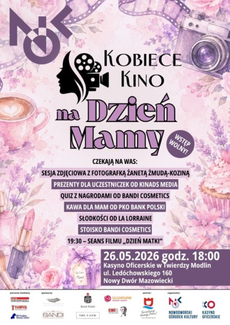 grafika w pastelowym różowym kolorze, na środku napisy informujące o atrakcjach, poniżej logotypy organizatorów i partnerów