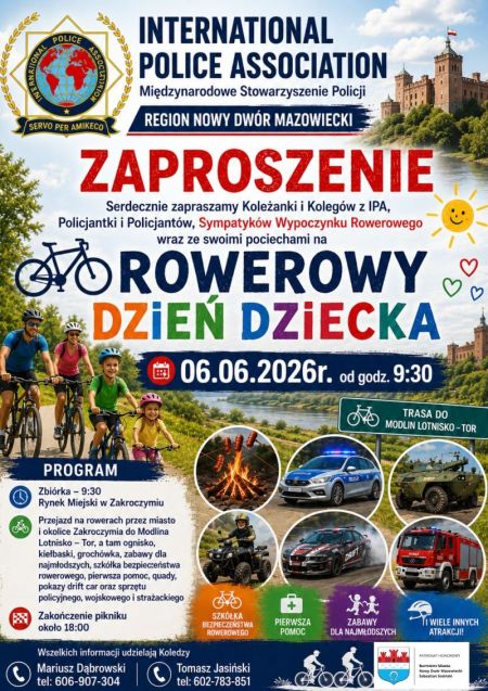 grafika promująca wydarzenie, zdjęcia wozów policyjnych, strażackich, quada, ogniska z kiełbaskami
