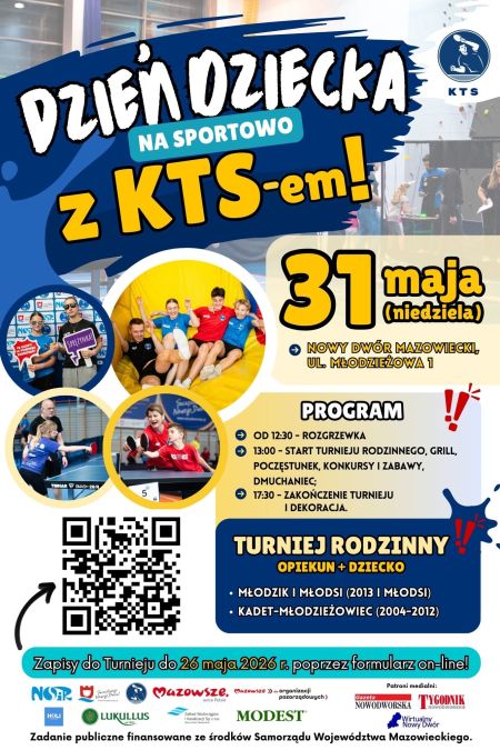 plakat promujący wydarzenie, wersja graficzna informacji, zdjęcia grających w tenisa stołowego
