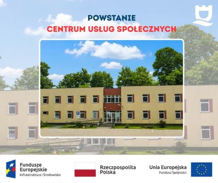 budynek Ośrodka Pomocy Społecznej, poniżej logotypy Funduszy Europejskich, flaga Polski i Unii Europejskiej