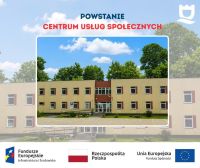 budynek Ośrodka Pomocy Społecznej, poniżej logotypy Funduszy Europejskich, flaga Polski i Unii Europejskiej